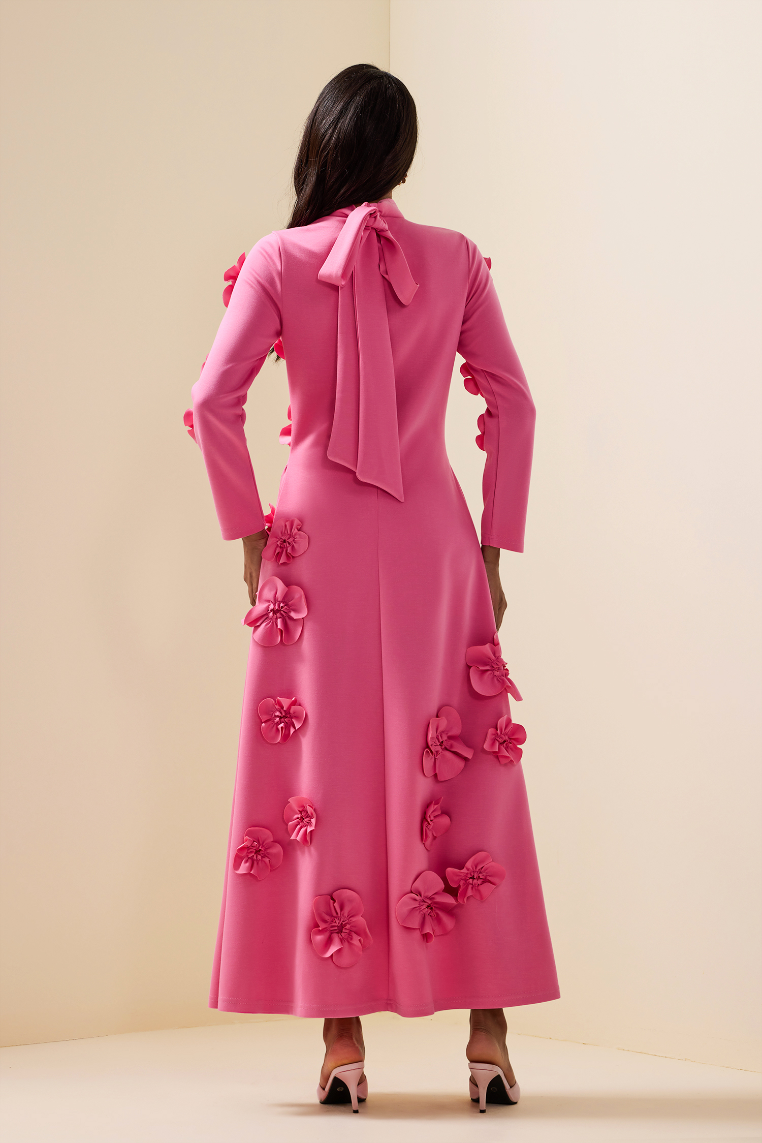 3D Flower Stand Collar Long Sleeve Midi Dress 3D Flower Stand Collar Long Sleeve Midi Dress
