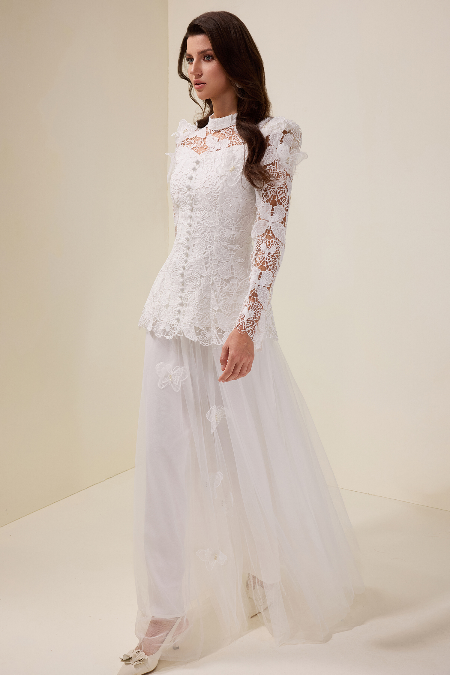 Embroidery Solid Top & Mesh Midi Skirt Set