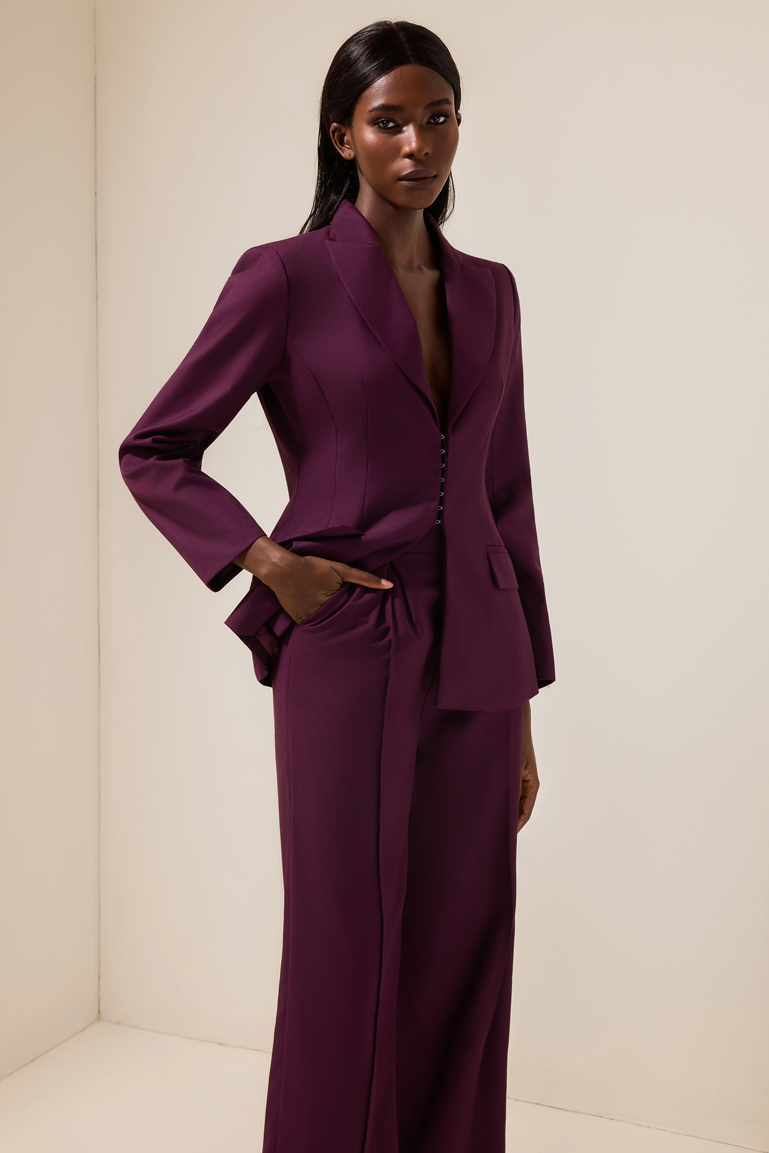 Solid Tailored Collar Blazer & High Waist Loose Pants Set
