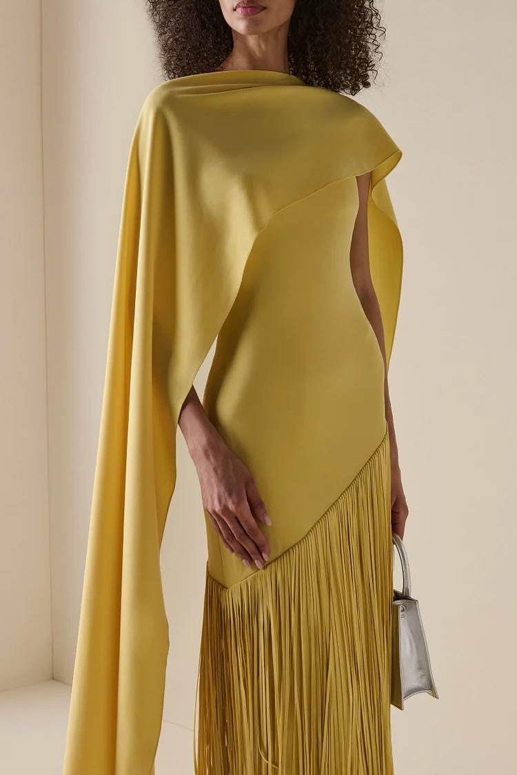 Solid Satin Tassel Maxi Dress With Cape Solid Satin Tassel Maxi Dress With Cape