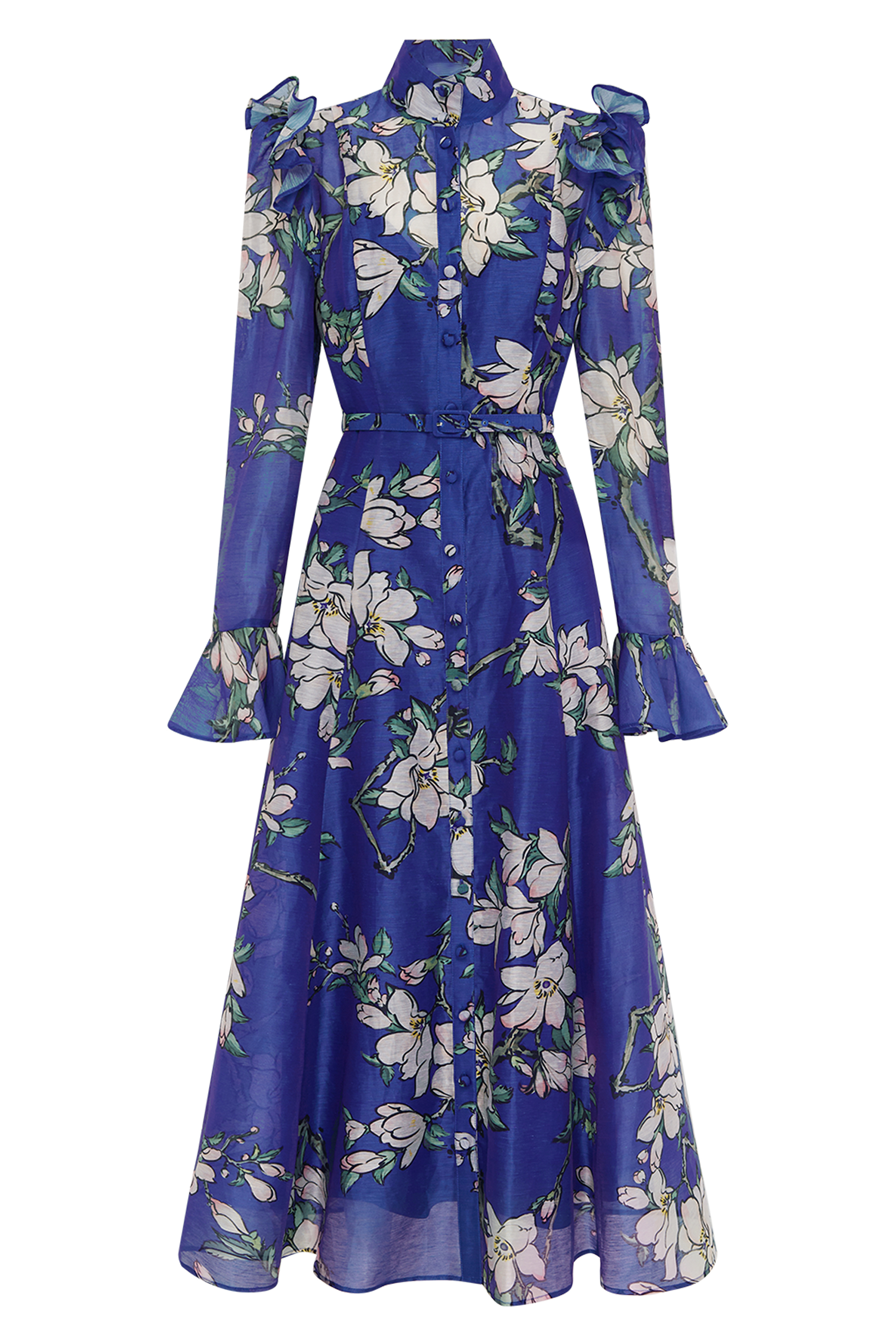 Floral Ruffle Midi Dress With Belt Floral Ruffle Midi Dress With Belt