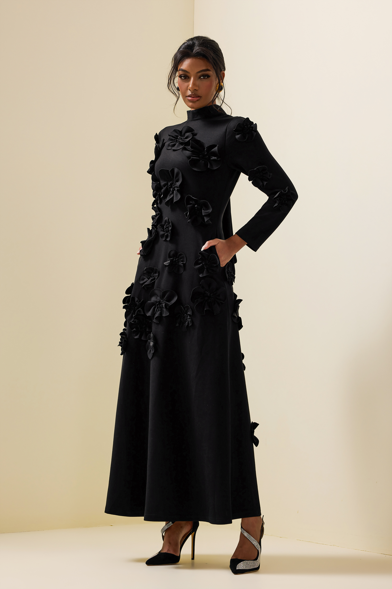 3D Flower Stand Collar Long Sleeve Midi Dress 3D Flower Stand Collar Long Sleeve Midi Dress