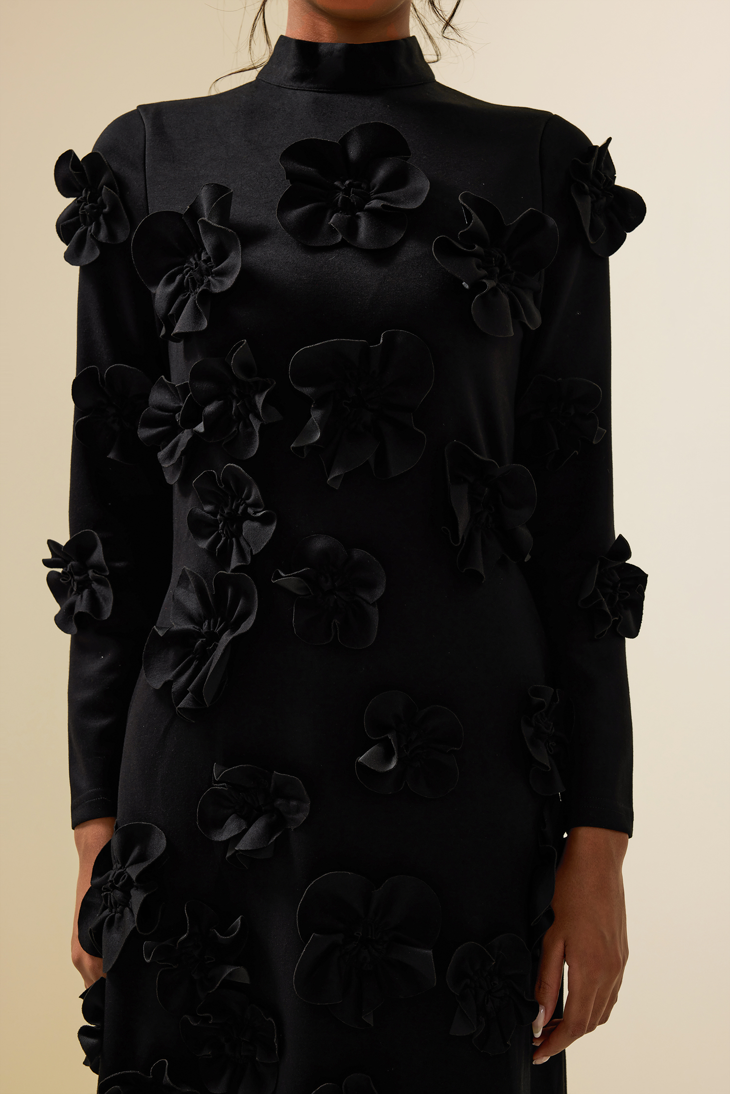 3D Flower Stand Collar Long Sleeve Midi Dress 3D Flower Stand Collar Long Sleeve Midi Dress