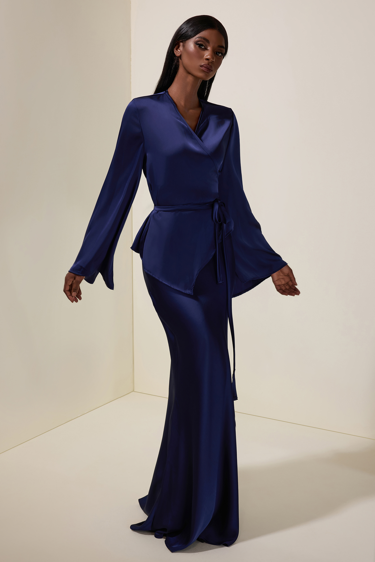 Satin Wrap Top & High Waist Maxi Skirt Set