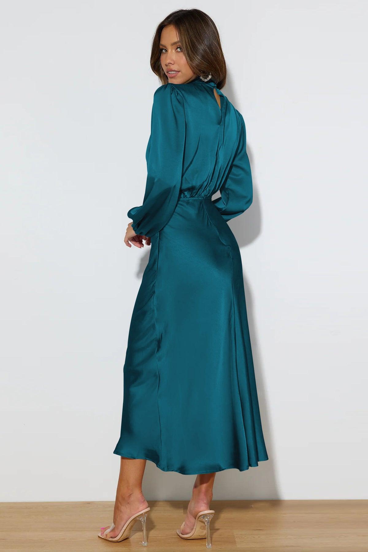 Satin High Neck Long Sleeve Midi Dress Satin High Neck Long Sleeve Midi Dress