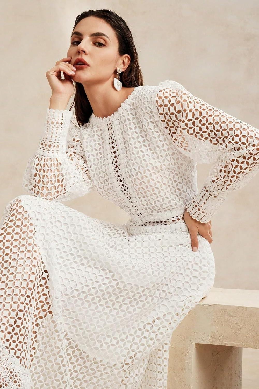 Solid Lace Lantern Sleeve Midi Dress Solid Lace Lantern Sleeve Midi Dress
