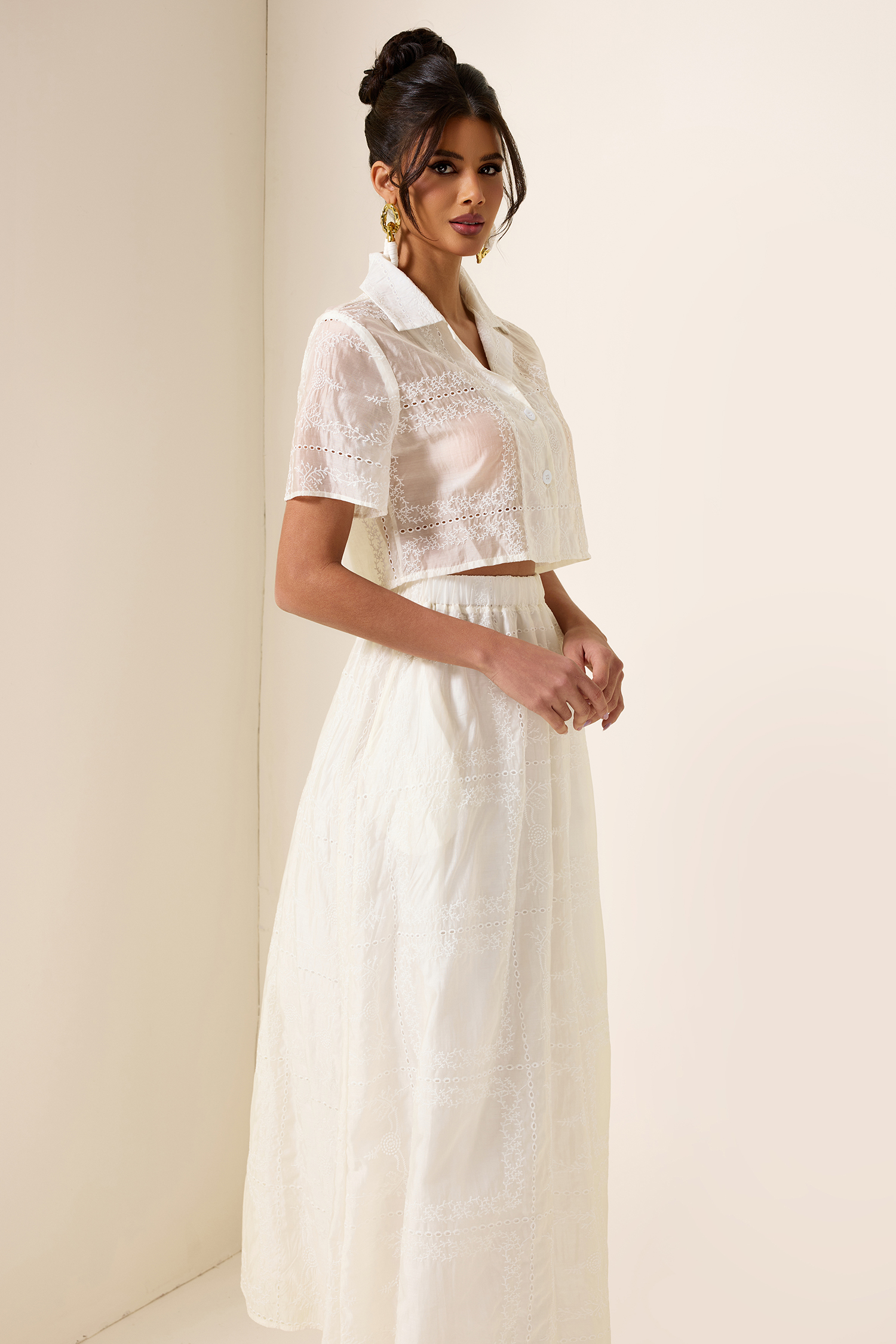 Solid Embroidred Top & Mid Waist Embroidered Skirt Set Solid Embroidred Top & Mid Waist Embroidered Skirt Set