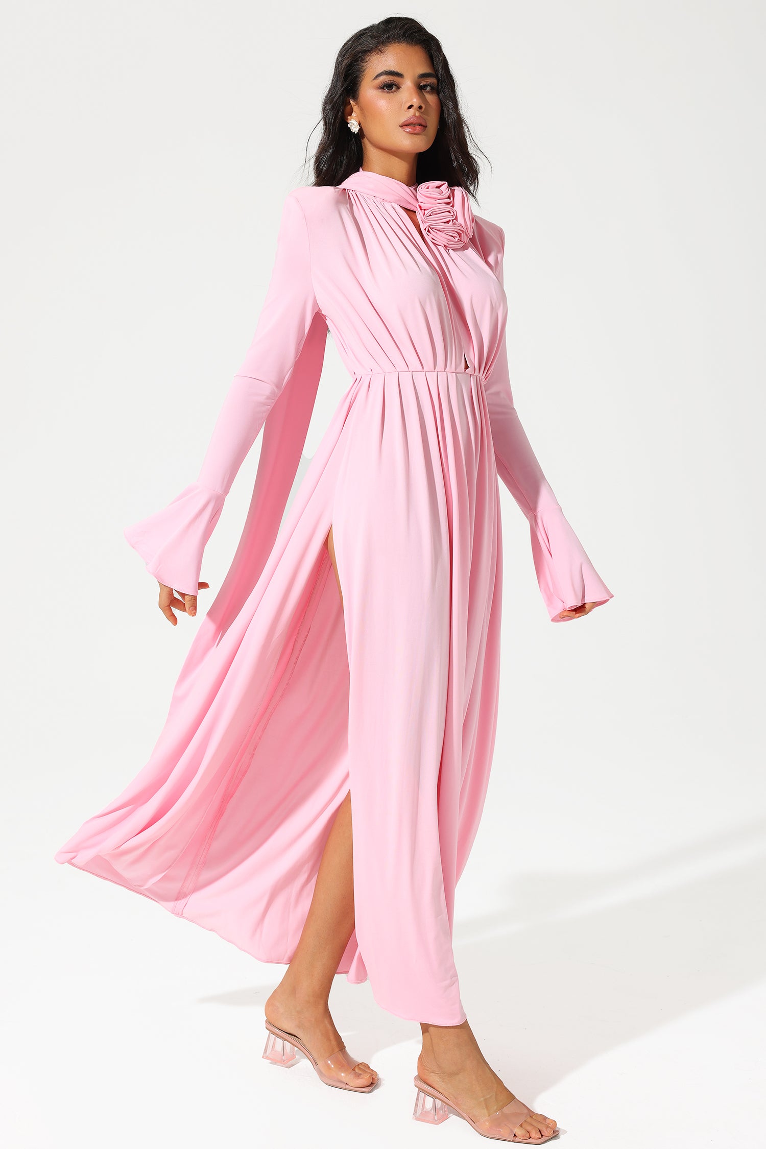 Lantern Sleeve High Collar Flower Slit Midi Dress Lantern Sleeve High Collar Flower Slit Midi Dress