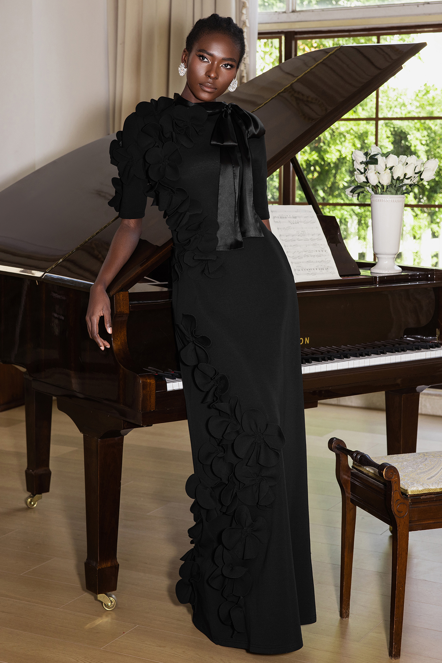 3D Flower Lace Up Mid Sleeve Maxi Dress 3D Flower Lace Up Mid Sleeve Maxi Dress