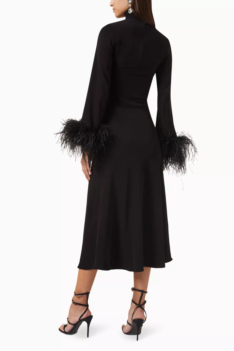 Feather Solid High Neck Midi Dress Black Feather Solid High Neck Midi Dress Black
