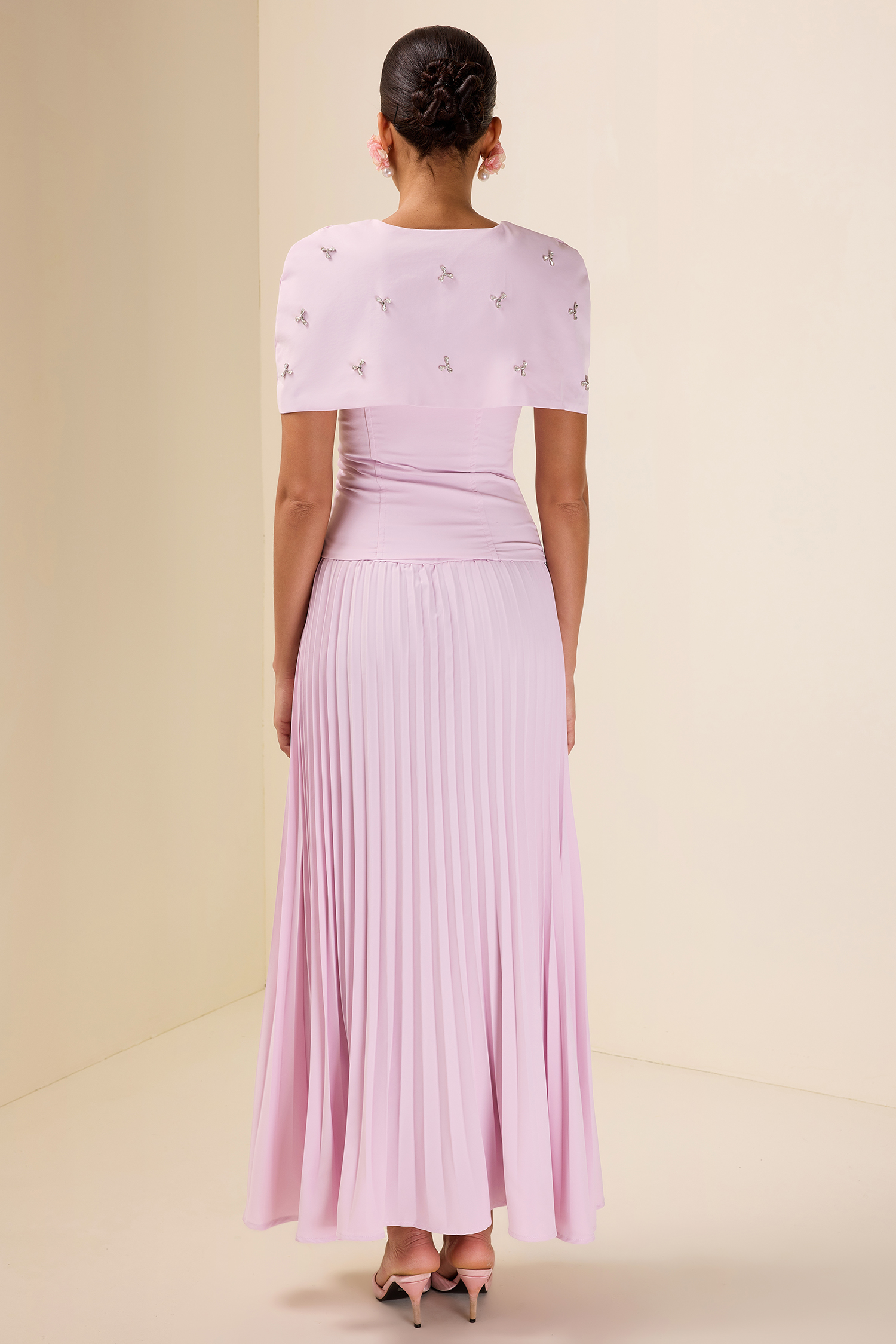 Off-Shoulder Solid Top With Cape & High Waist Pleat Midi Skirt Set