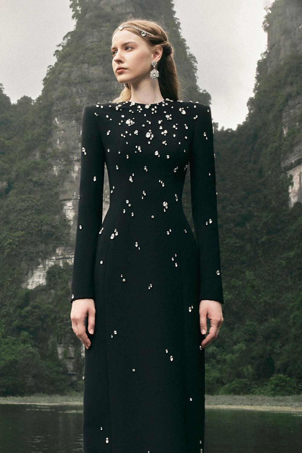 Rhinestone Rivets Long Sleeve Maxi Dress Rhinestone Rivets Long Sleeve Maxi Dress