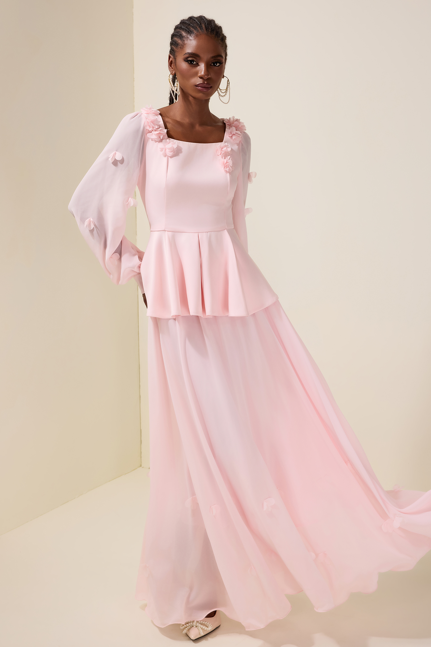 3D Flower Ruffle Top & Chiffon High Waist Midi Skirt Set