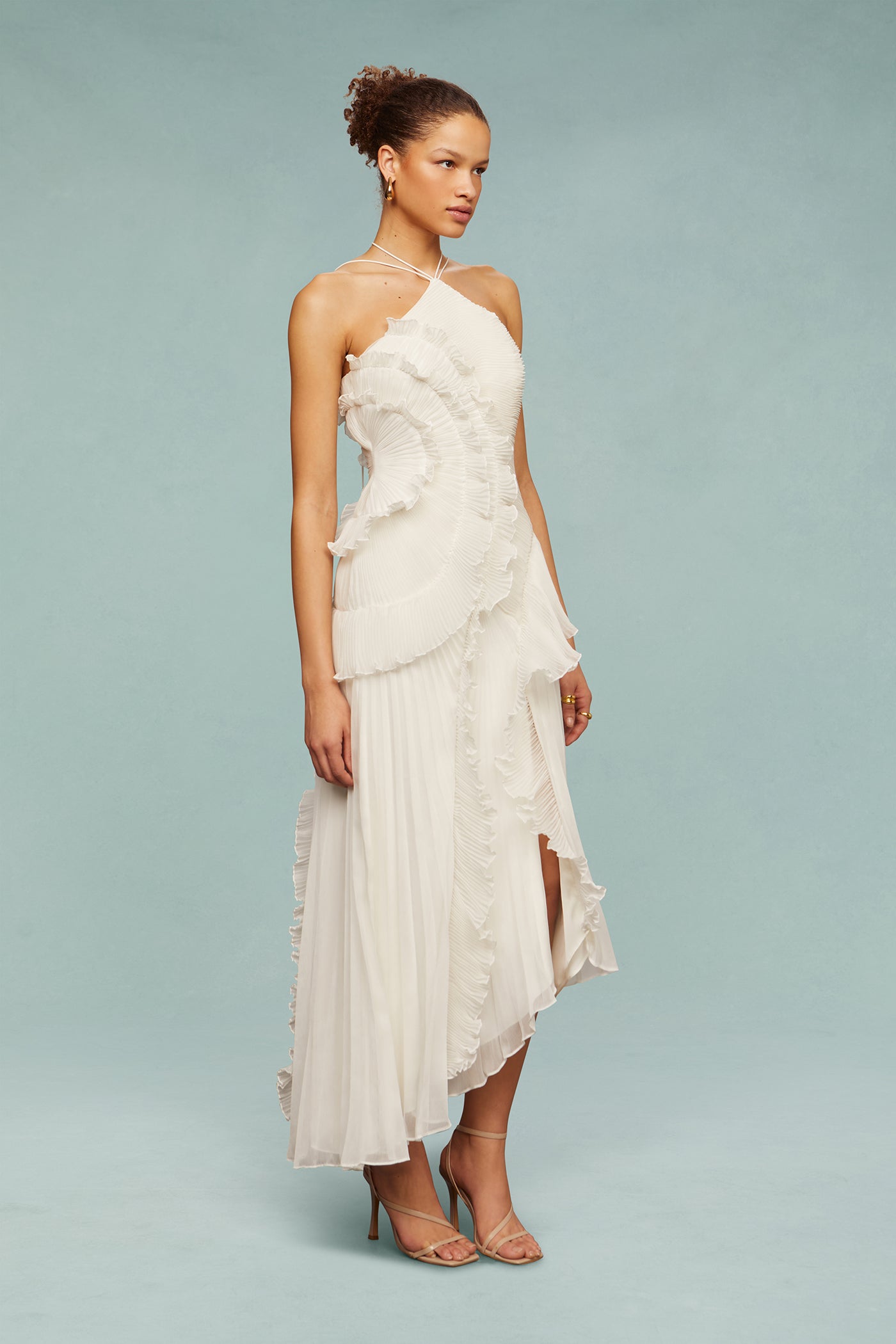 Pleated Frill Halter Neck Midi Dress Pleated Frill Halter Neck Midi Dress