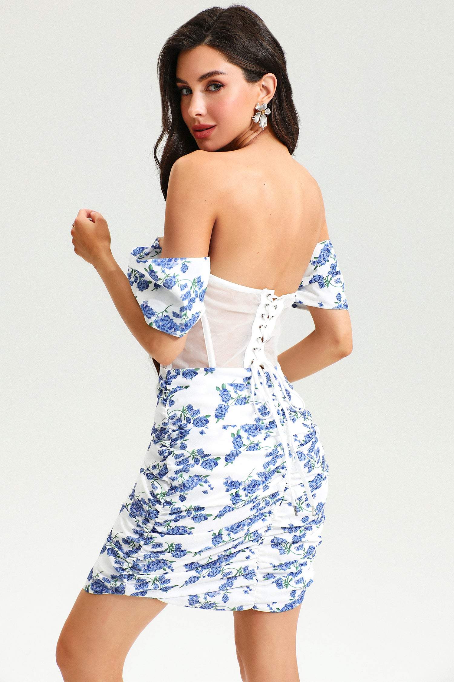 Floral One-Shoulder Backless Mini Dress Blue Floral One-Shoulder Backless Mini Dress Blue
