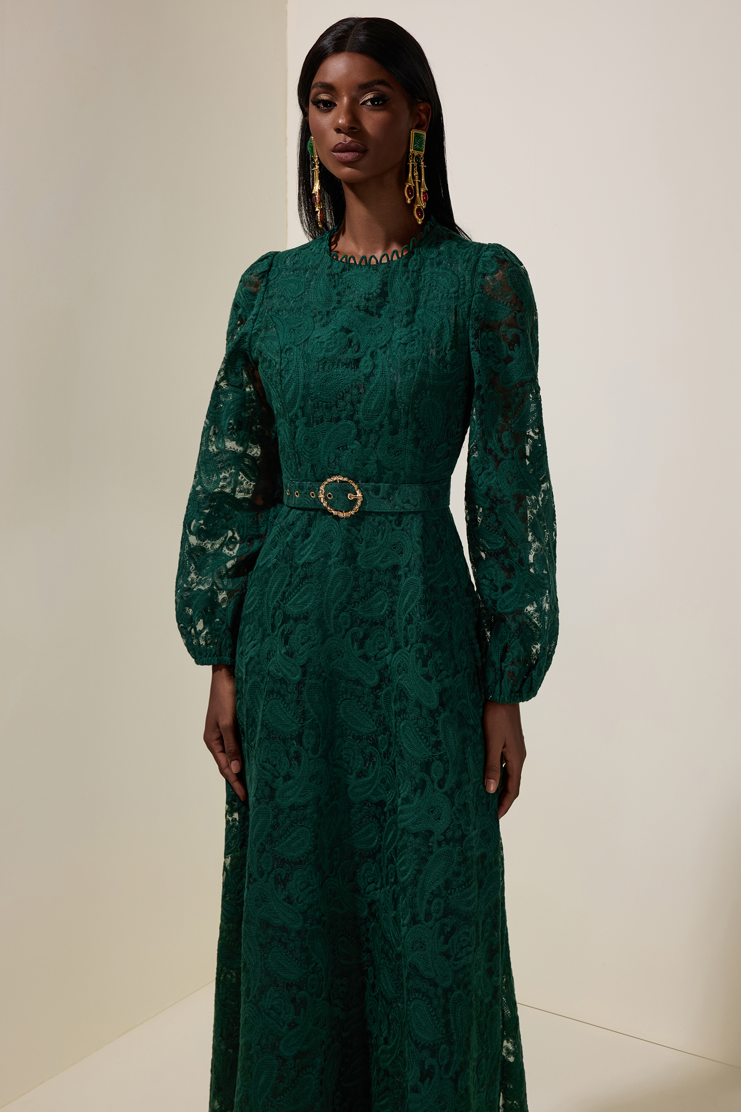 Lace Round Neck Midi Dress With Belt Lace Round Neck Midi Dress With Belt