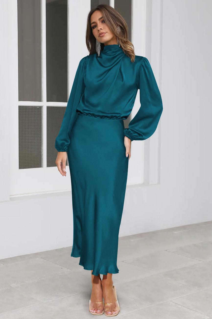 Satin High Neck Long Sleeve Midi Dress Satin High Neck Long Sleeve Midi Dress