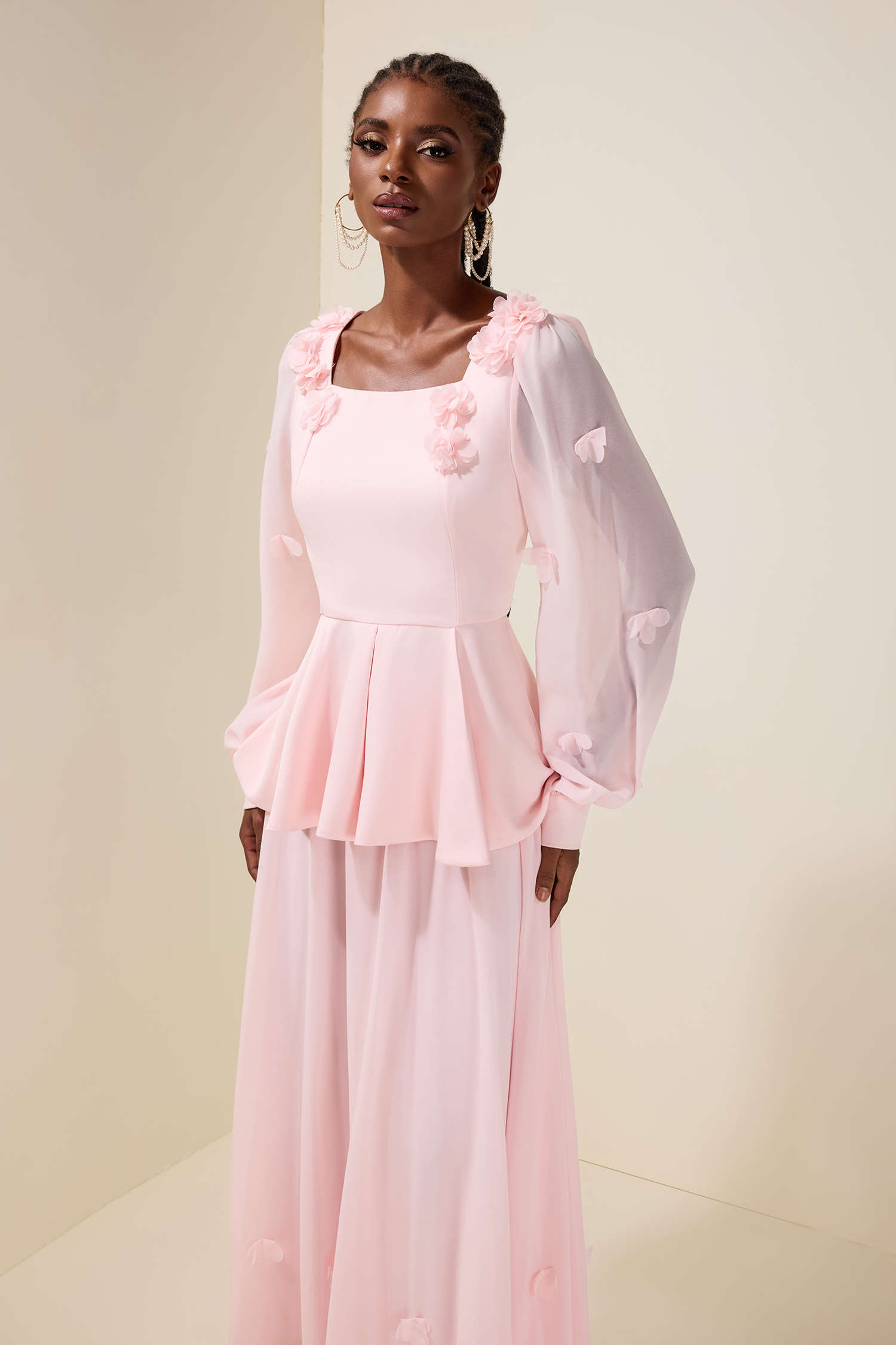 3D Flower Ruffle Top & Chiffon High Waist Midi Skirt Set