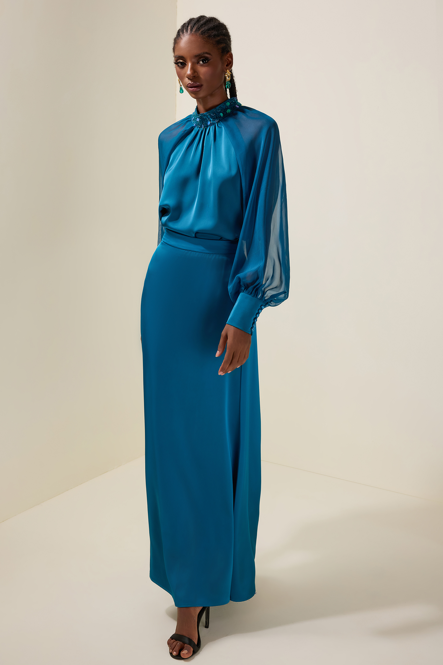 Satin Splicing Mesh Rivet Top & High Waist Maxi Skirt Set