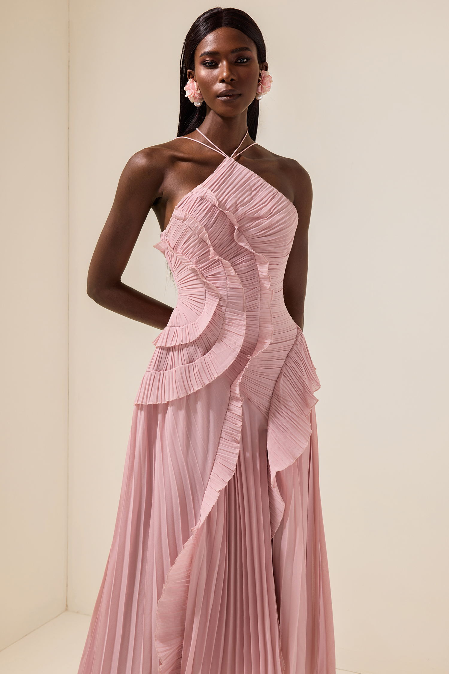 Pleated Frill Halter Neck Midi Dress Pleated Frill Halter Neck Midi Dress