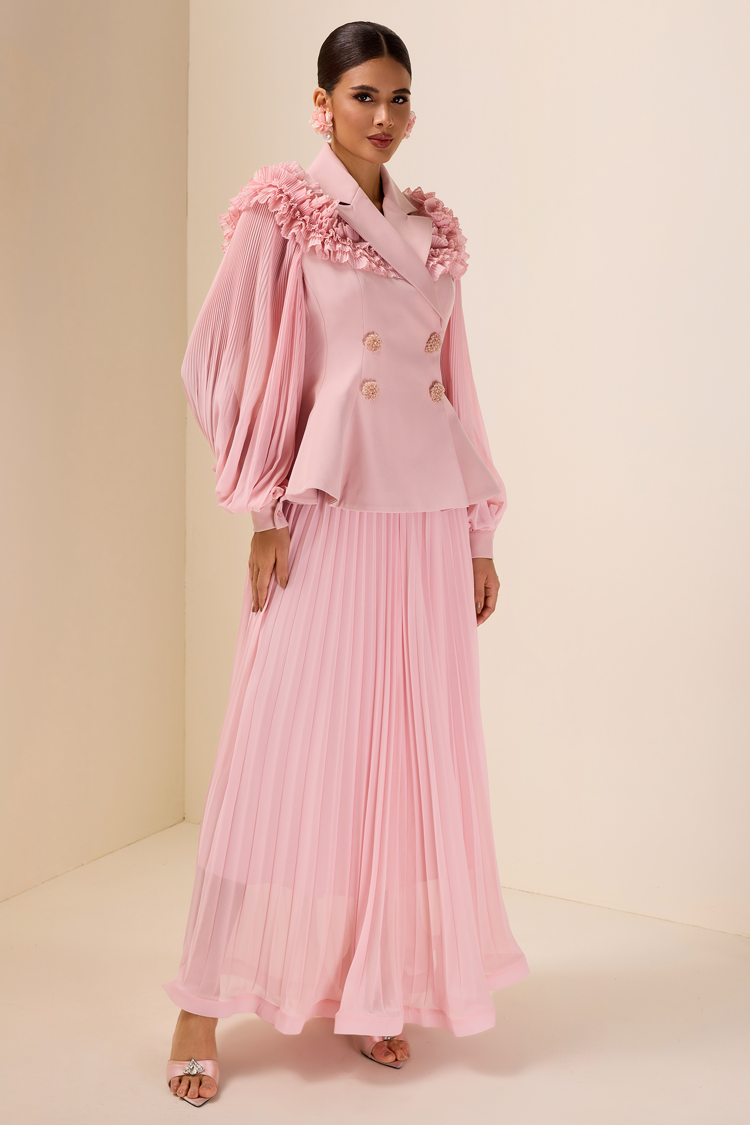 Frill Tailored Collar Pleated Top & Maxi Skirt Set