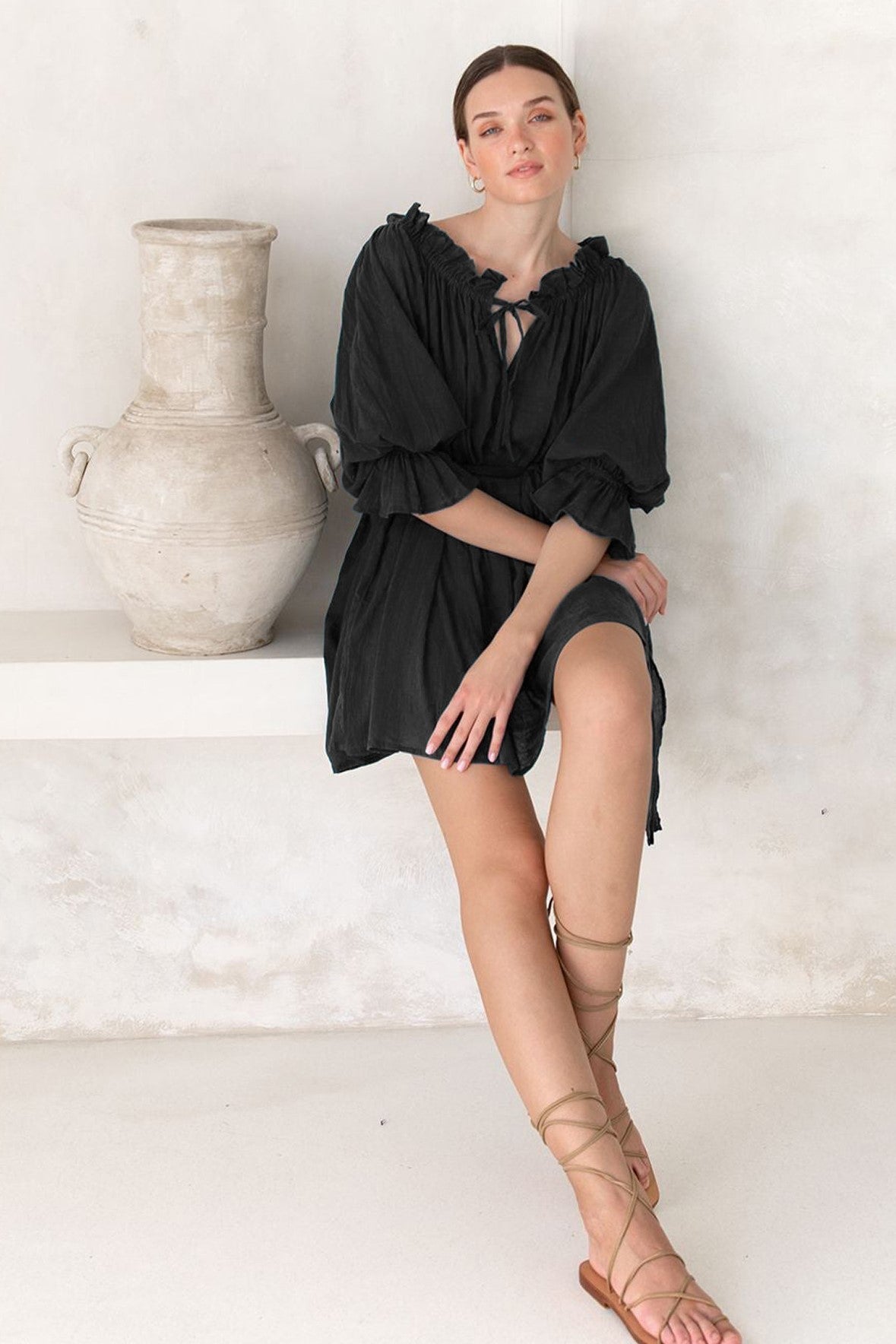 Off-Shoulder Lace Up Puff Sleeve Ruched Mini Dress Off-Shoulder Lace Up Puff Sleeve Ruched Mini Dress