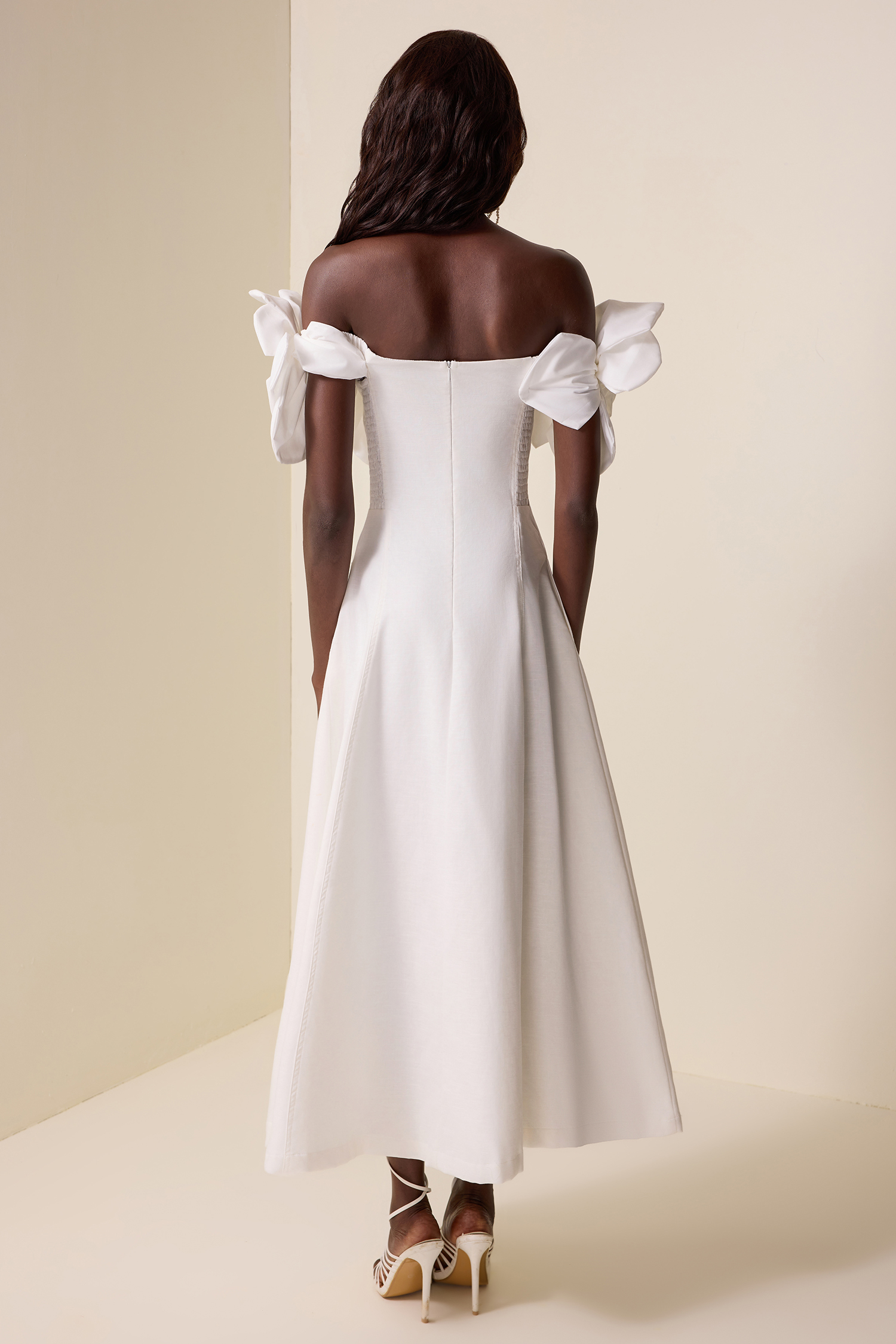 3D Flower Solid Off-Shoulder Midi Dress 3D Flower Solid Off-Shoulder Midi Dress