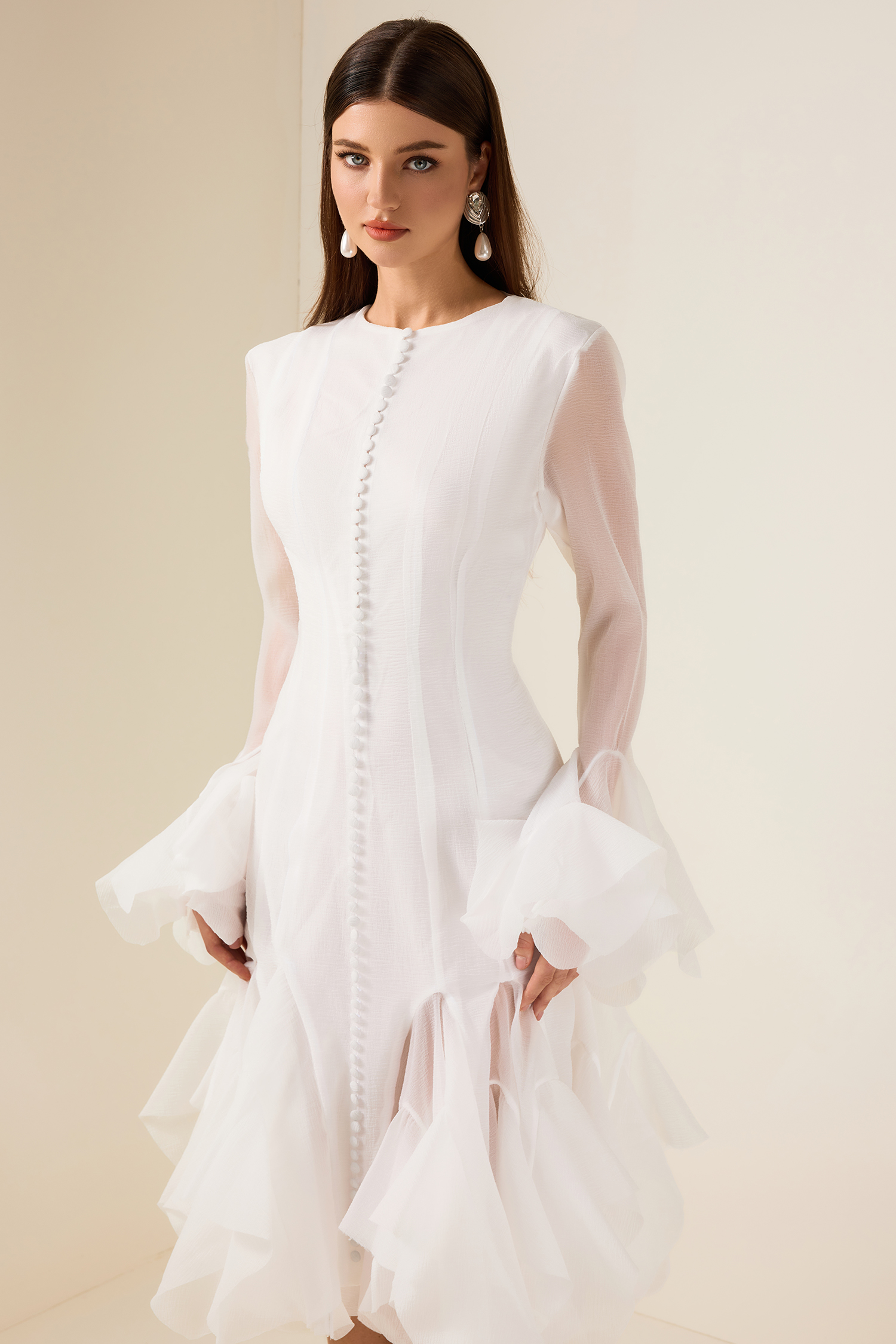 Solid Ruffle Bell Sleeve Midi Dress Solid Ruffle Bell Sleeve Midi Dress