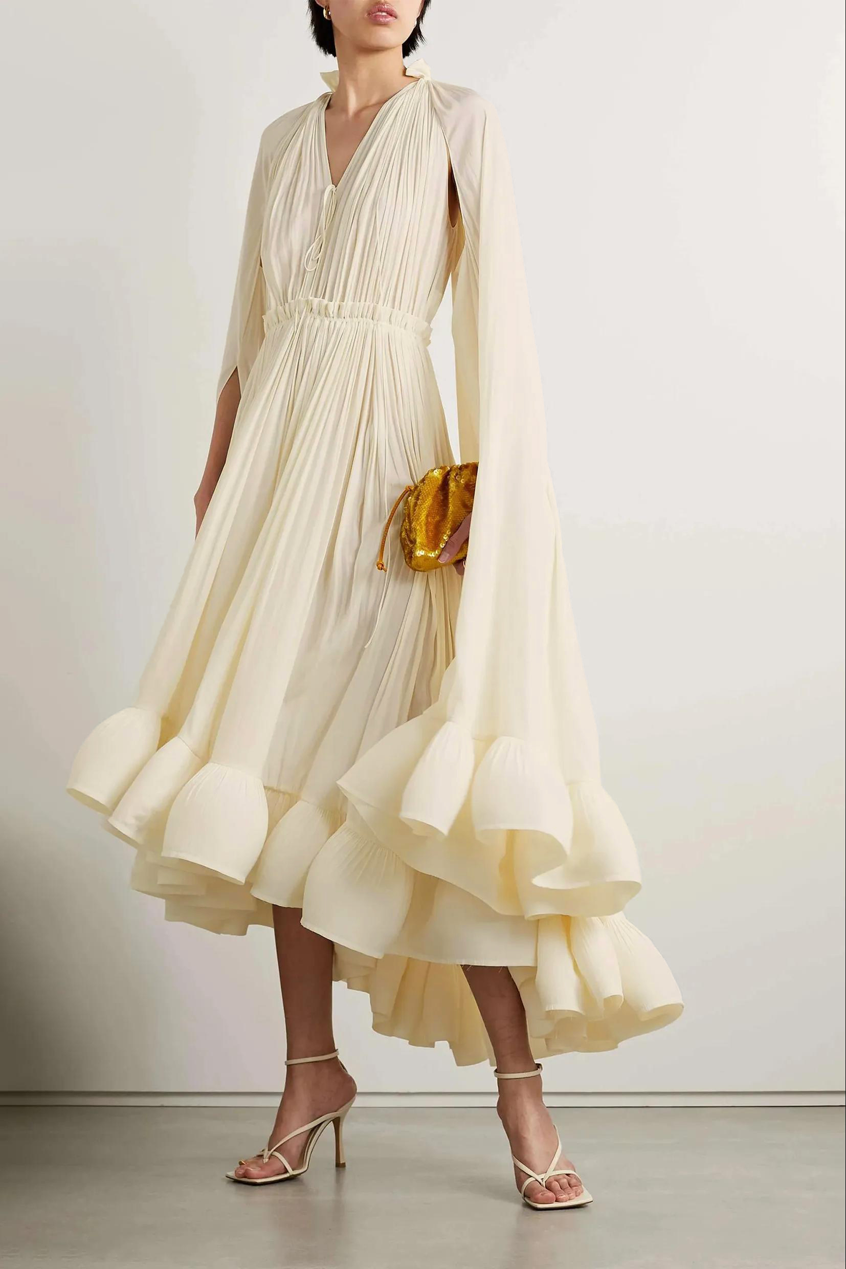 V-Neck Ruffle Hem Cape Midi Dress Beige