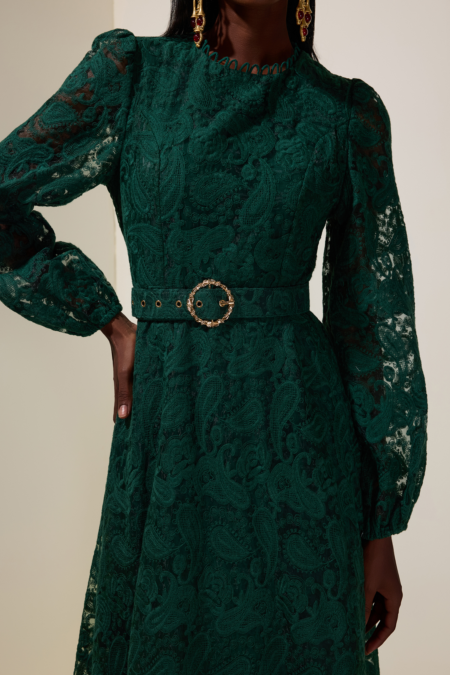 Lace Round Neck Midi Dress With Belt Lace Round Neck Midi Dress With Belt