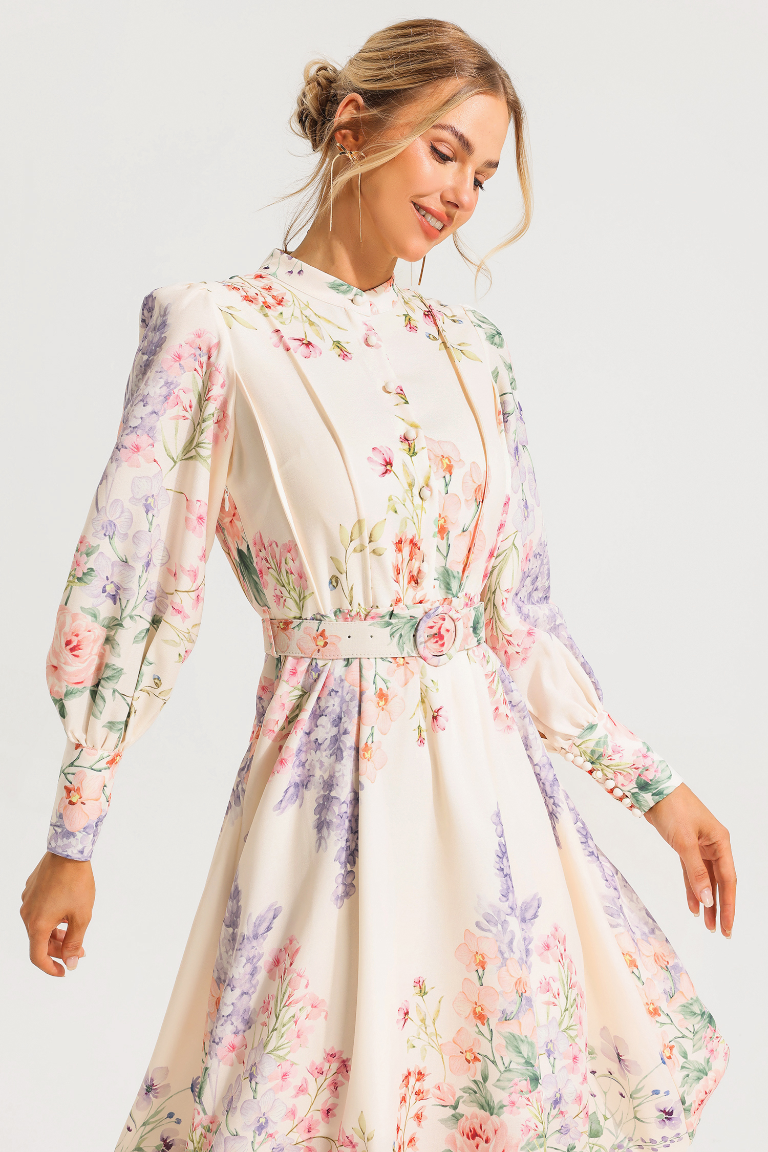 Floral Long Sleeve Maxi Dress With Belt Floral Long Sleeve Maxi Dress With Belt