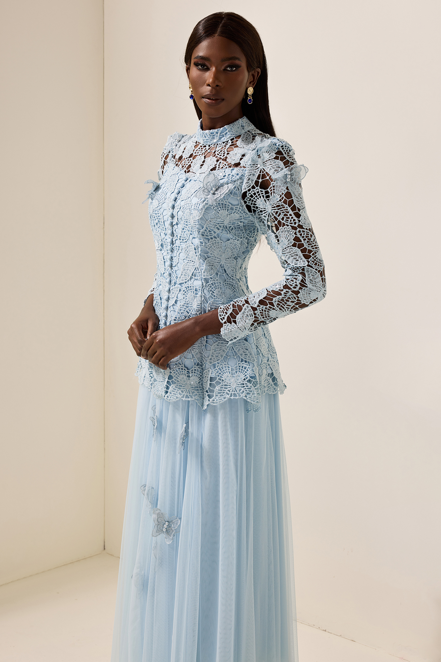 Embroidery Solid Top & Mesh Midi Skirt Set