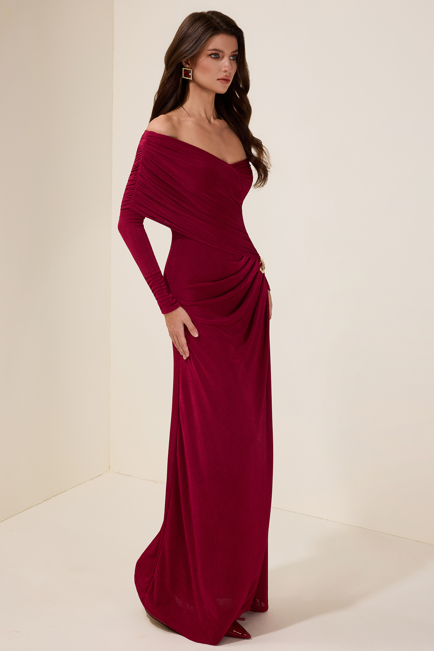 Solid Gathering Long Sleeve Maxi Dress Solid Gathering Long Sleeve Maxi Dress