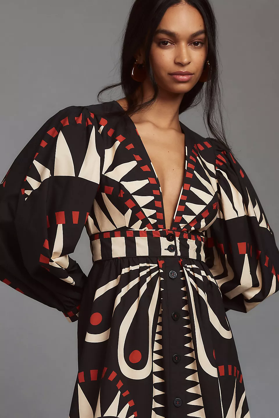 Single Breasted Puff Sleeve V-Neck Midi Dress Single Breasted Puff Sleeve V-Neck Midi Dress