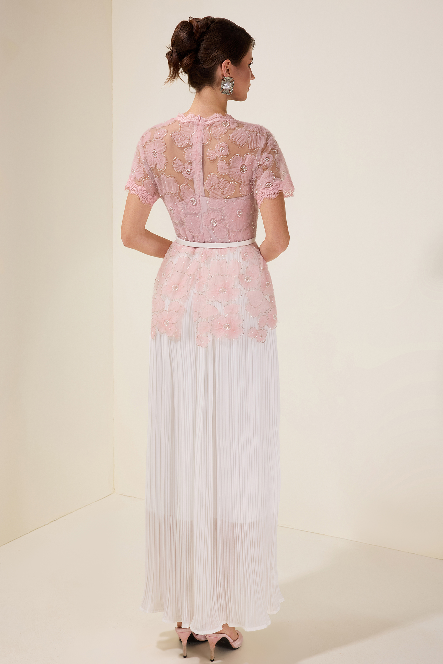Lace Splicing Pleated Midi Dress With Belt Lace Splicing Pleated Midi Dress With Belt