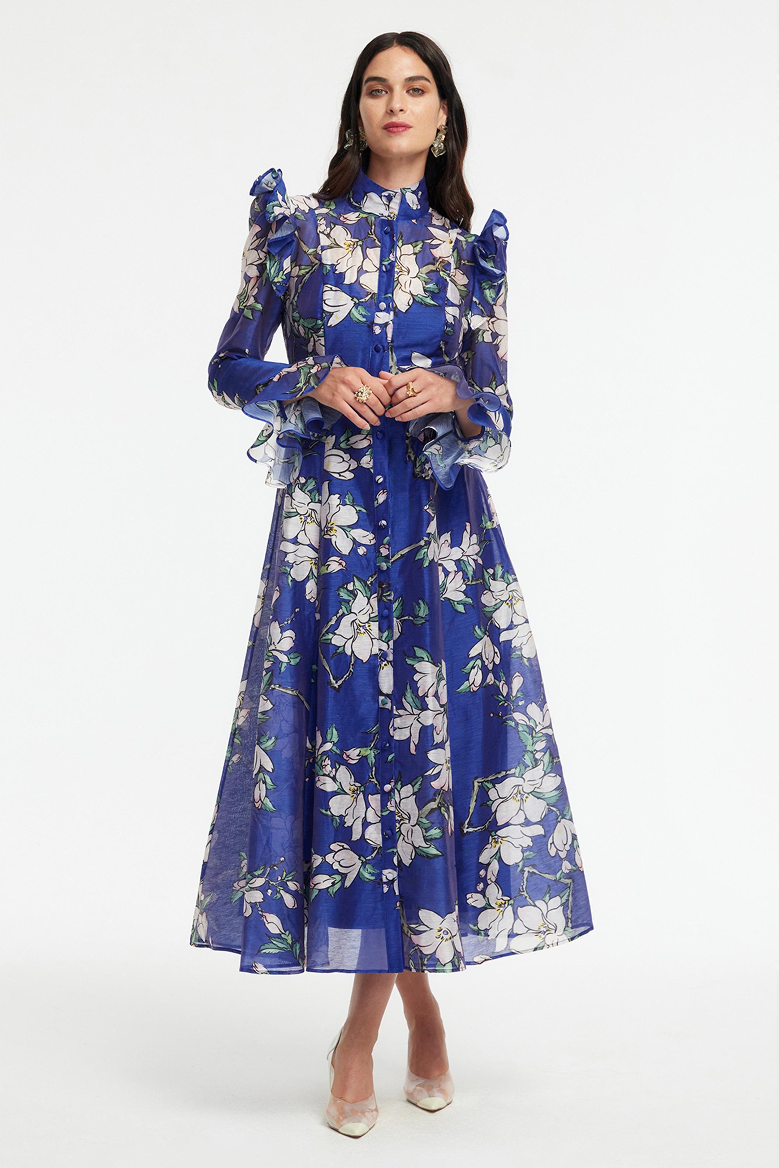 Floral Ruffle Midi Dress With Belt Floral Ruffle Midi Dress With Belt