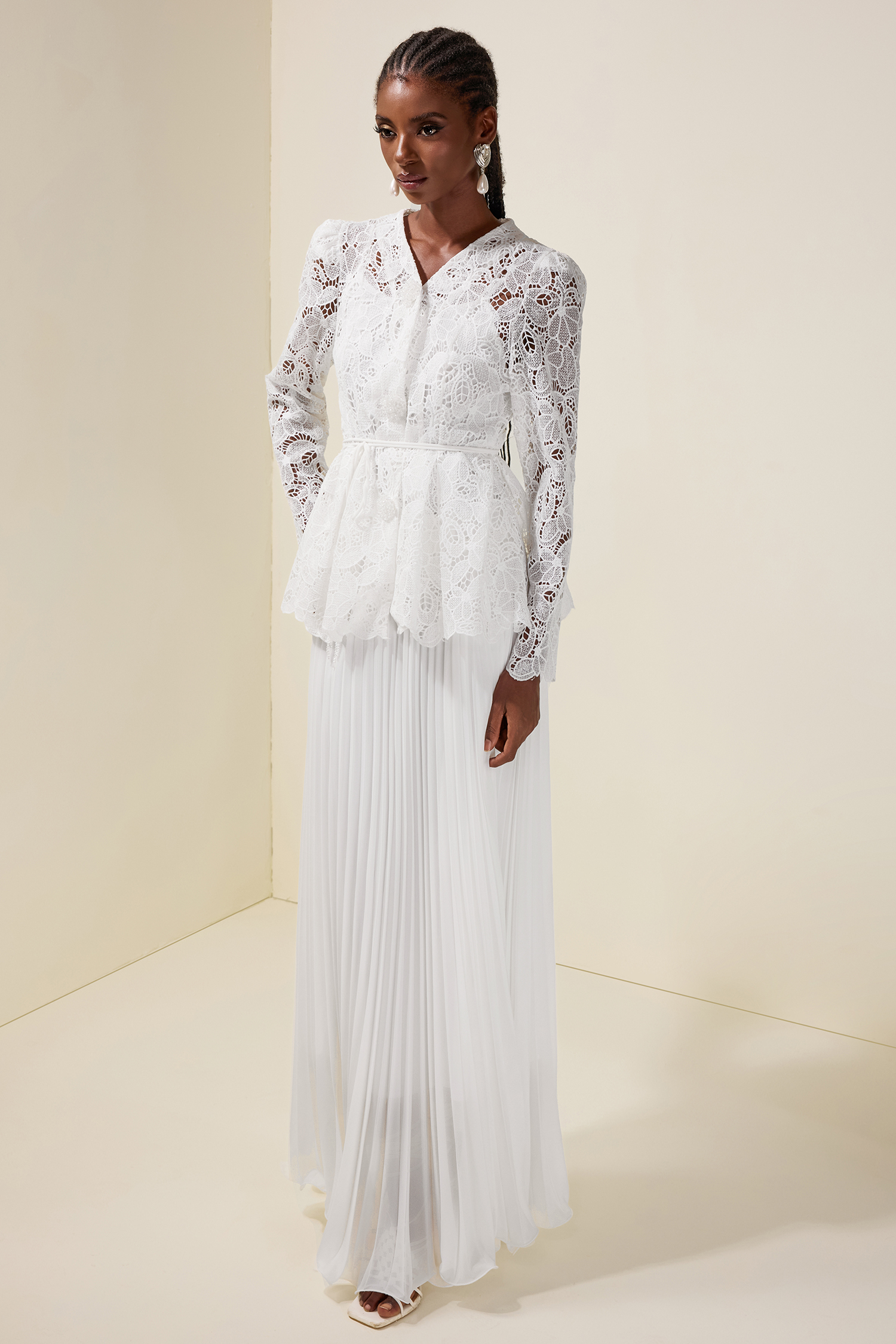 Lace Rhinestone Top With Belt & High Waist Pleated Maxi Skirt Set