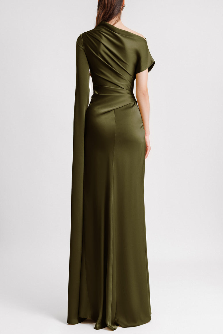 Satin Asymmetrical Neckline Draped Maxi Dress Satin Asymmetrical Neckline Draped Maxi Dress