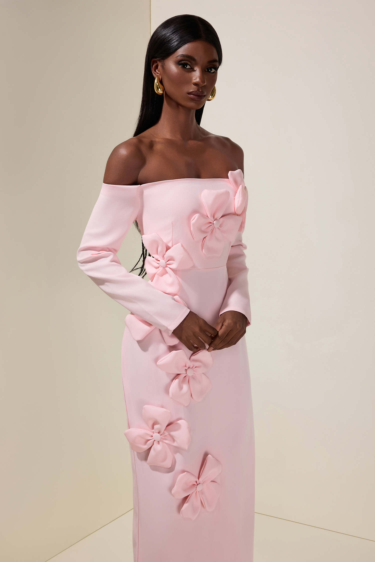 Solid 3D Flower Off-Shoulder Midi Dress Solid 3D Flower Off-Shoulder Midi Dress