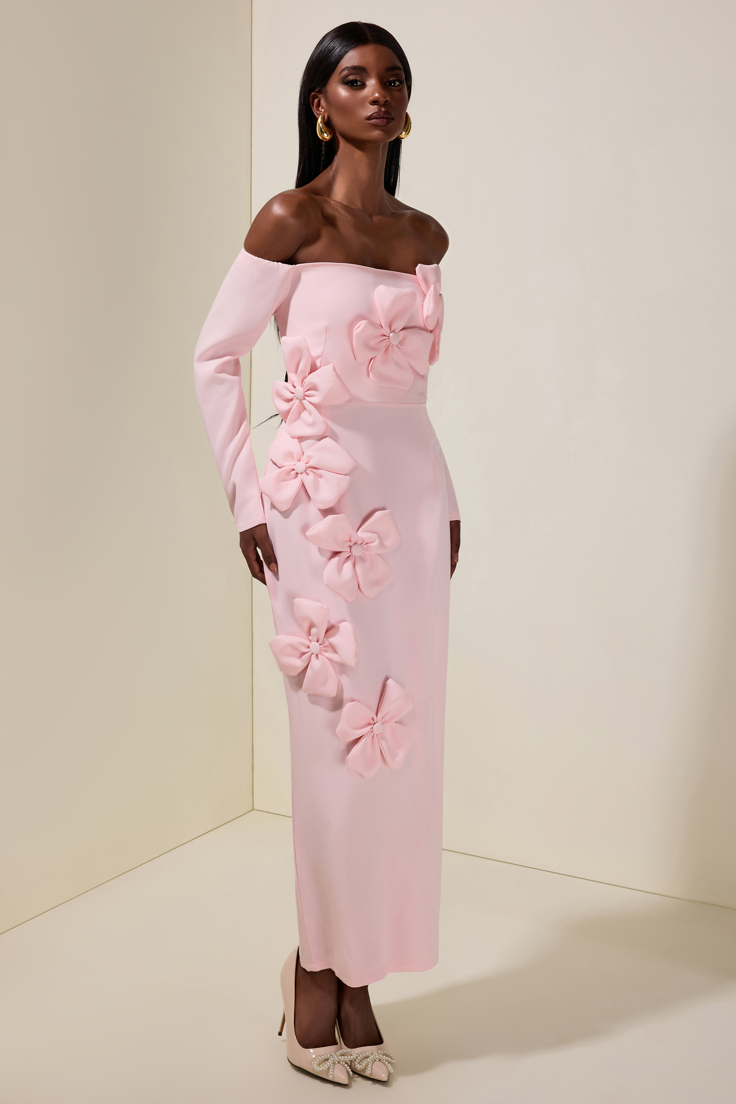 Solid 3D Flower Off-Shoulder Midi Dress Solid 3D Flower Off-Shoulder Midi Dress