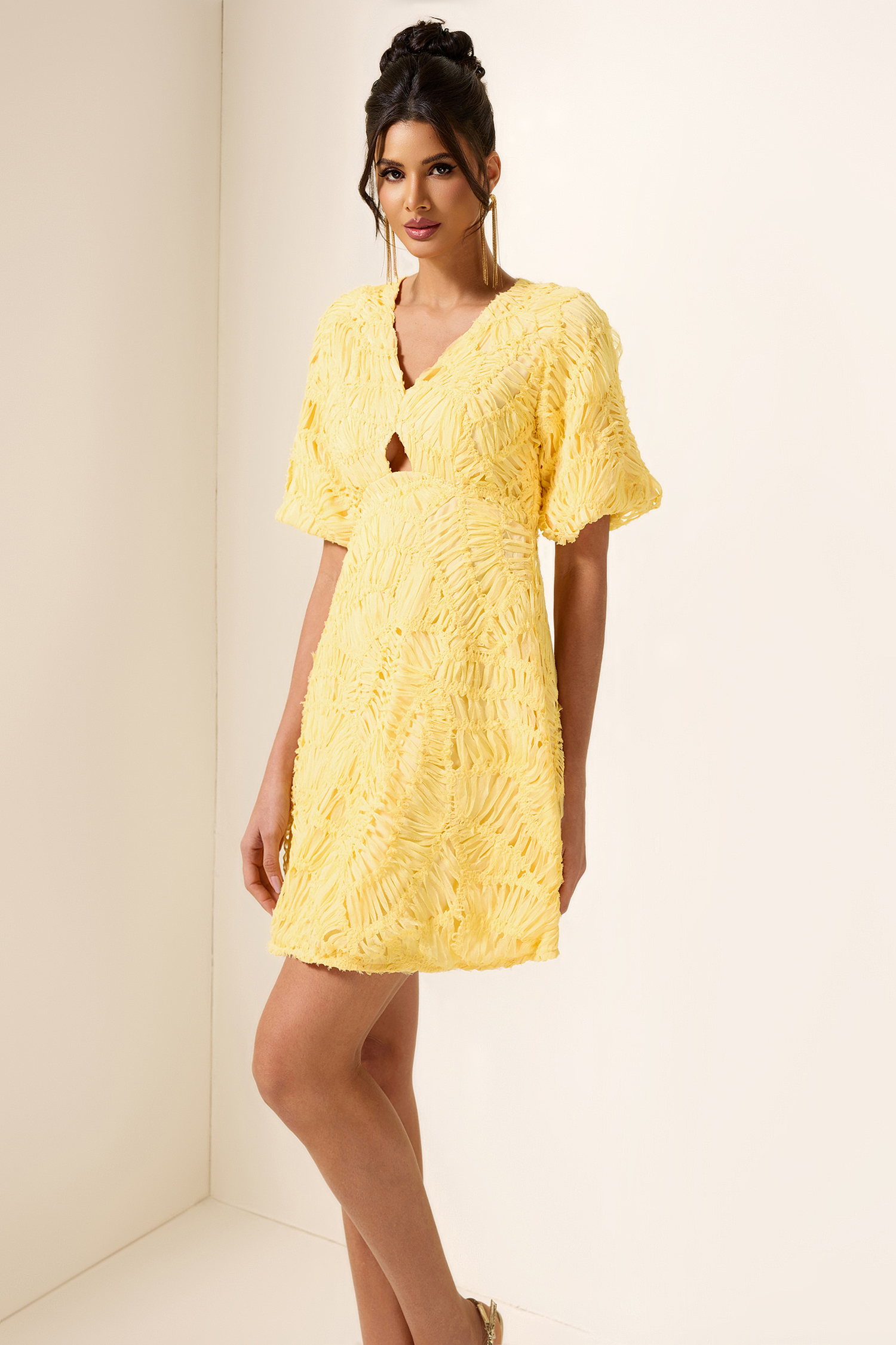 Cut-Out V-Neck Puff Sleeve Mini Dress Cut-Out V-Neck Puff Sleeve Mini Dress
