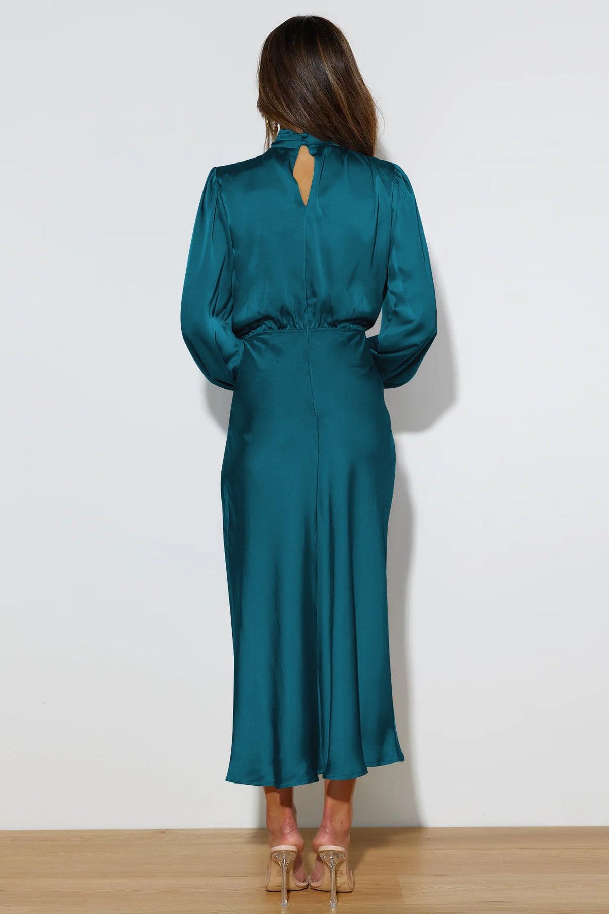 Satin High Neck Long Sleeve Midi Dress Satin High Neck Long Sleeve Midi Dress