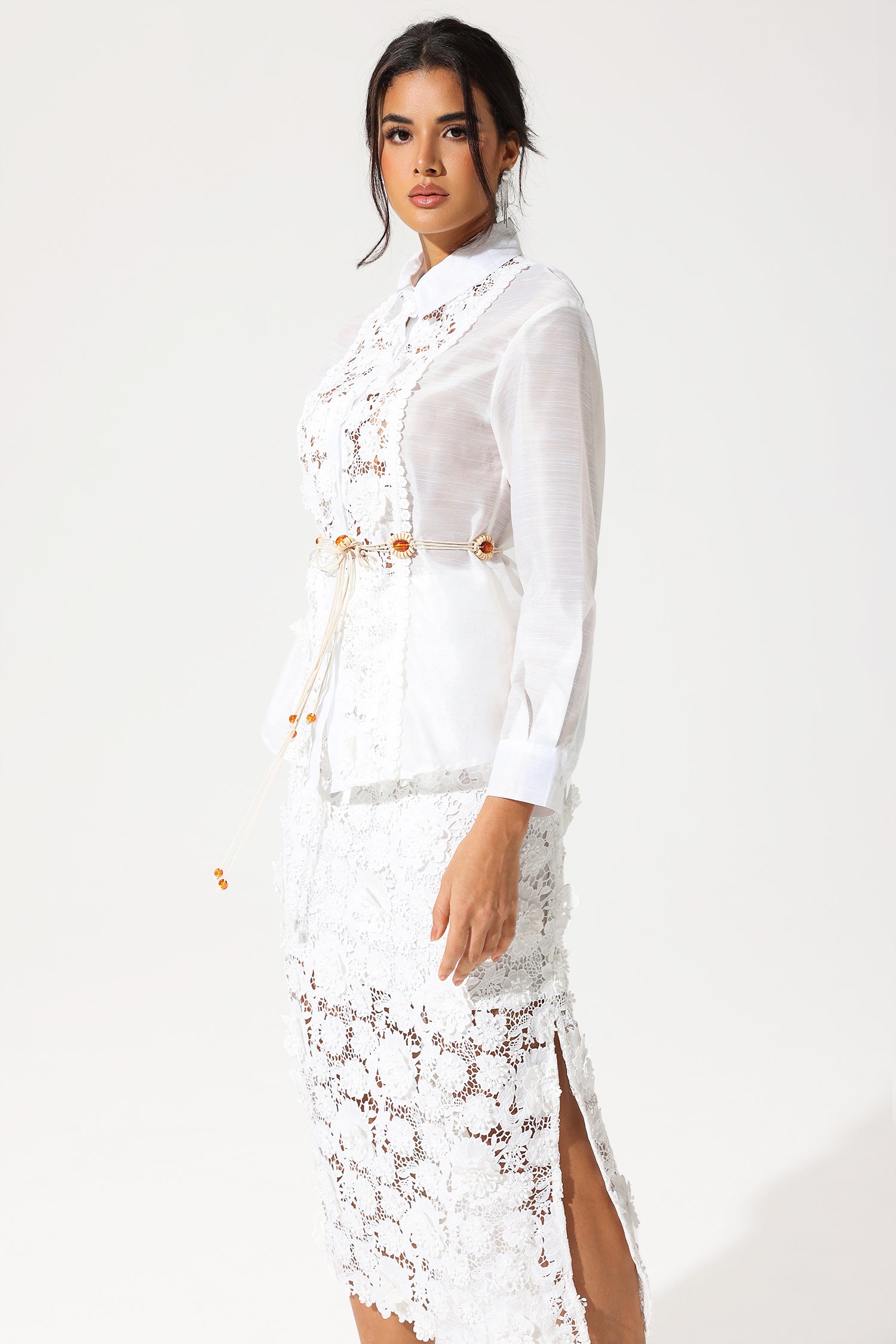 Long Sleeve Lace Cut-Out Slit Dress Set White Long Sleeve Lace Cut-Out Slit Dress Set White