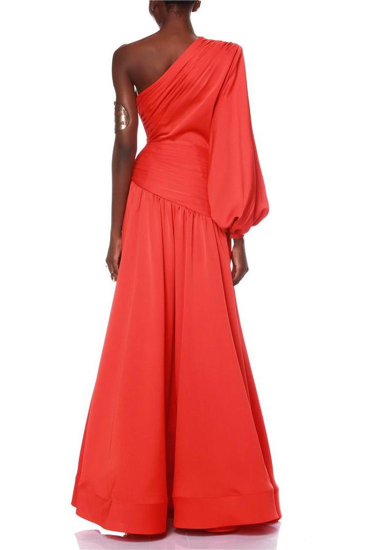 Satin Pleat One-Shoulder Long Sleeve Maxi Dress Satin Pleat One-Shoulder Long Sleeve Maxi Dress