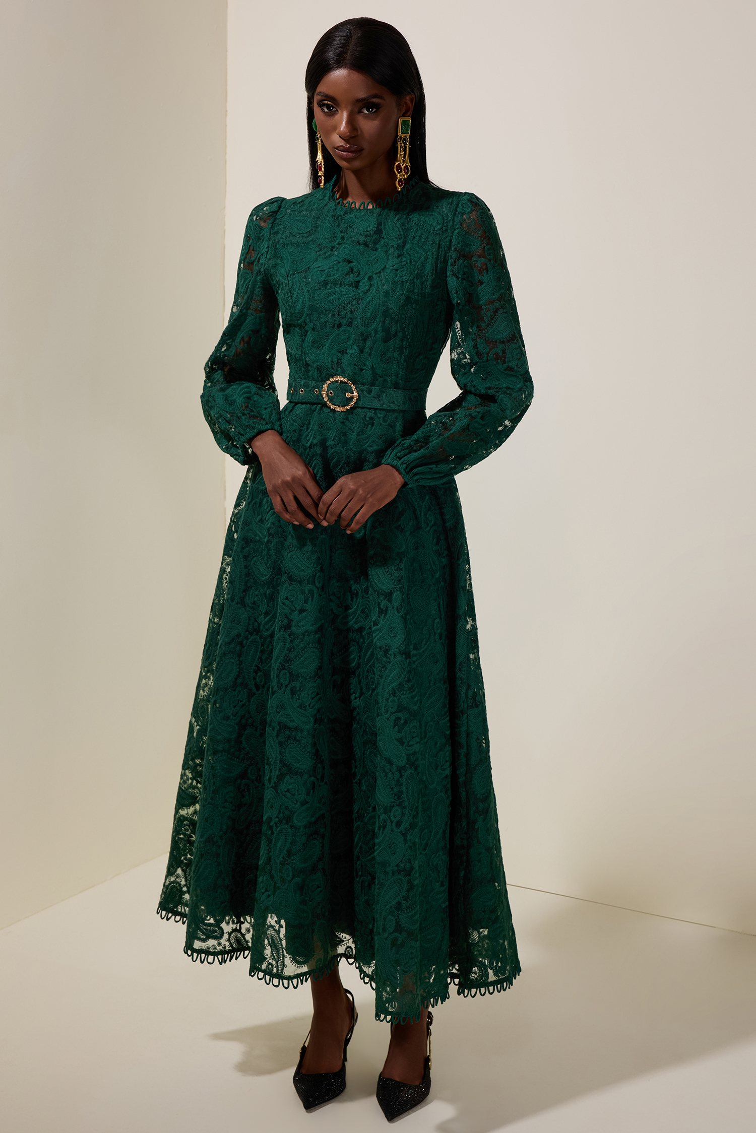 Lace Round Neck Midi Dress With Belt Lace Round Neck Midi Dress With Belt