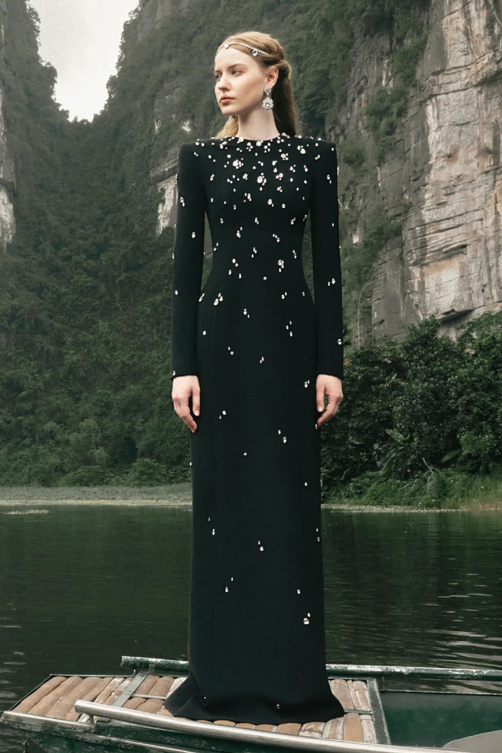 Rhinestone Rivets Long Sleeve Maxi Dress Rhinestone Rivets Long Sleeve Maxi Dress
