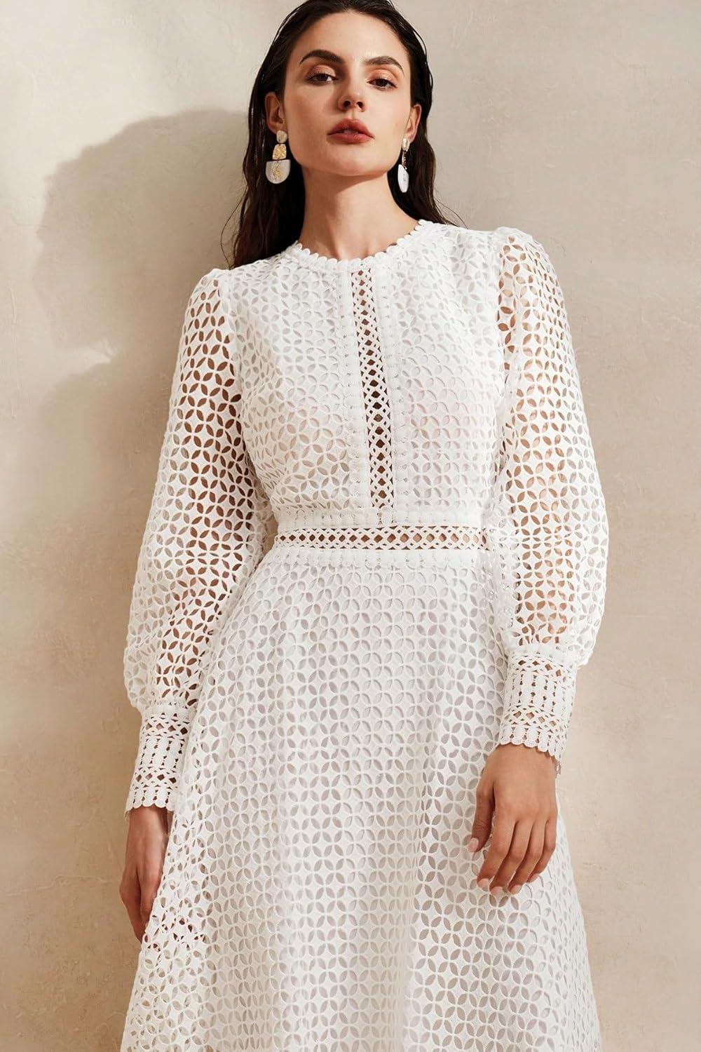 Solid Lace Lantern Sleeve Midi Dress Solid Lace Lantern Sleeve Midi Dress