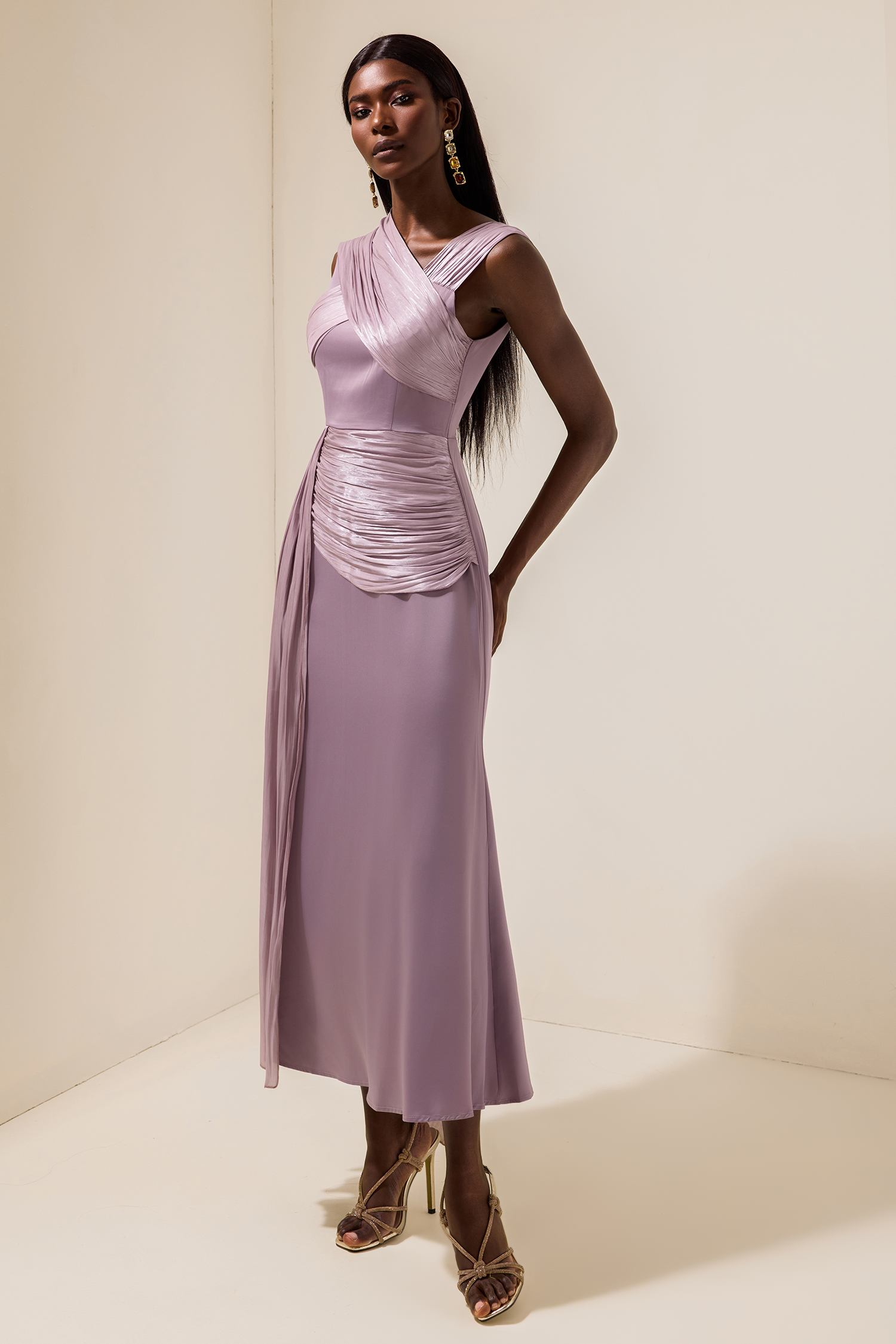 Satin Gathering Cape Sleeve Midi Dress Satin Gathering Cape Sleeve Midi Dress