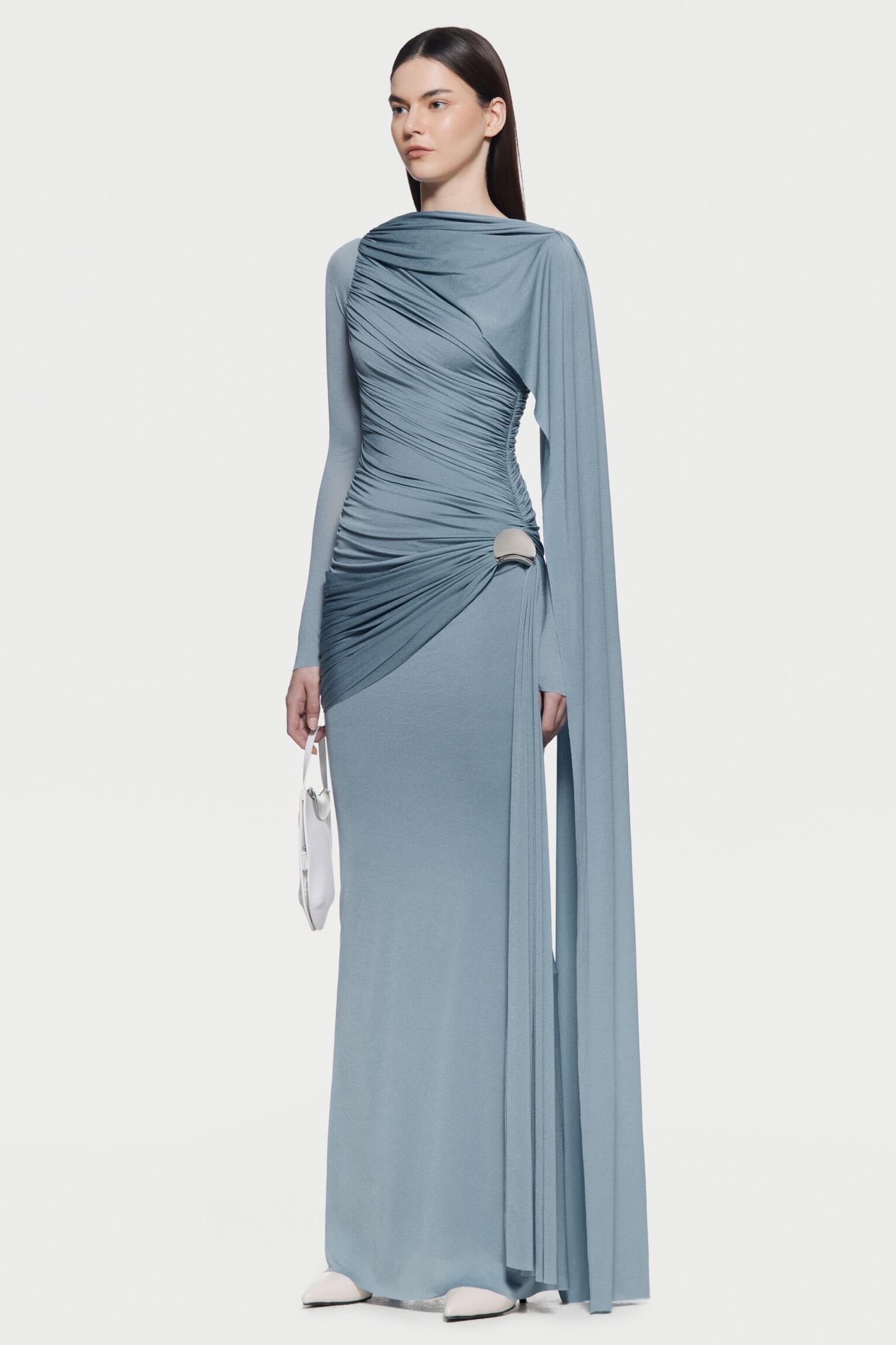 Solid Gathering Metal Button Cape Sleeve Maxi Dress Solid Gathering Metal Button Cape Sleeve Maxi Dress