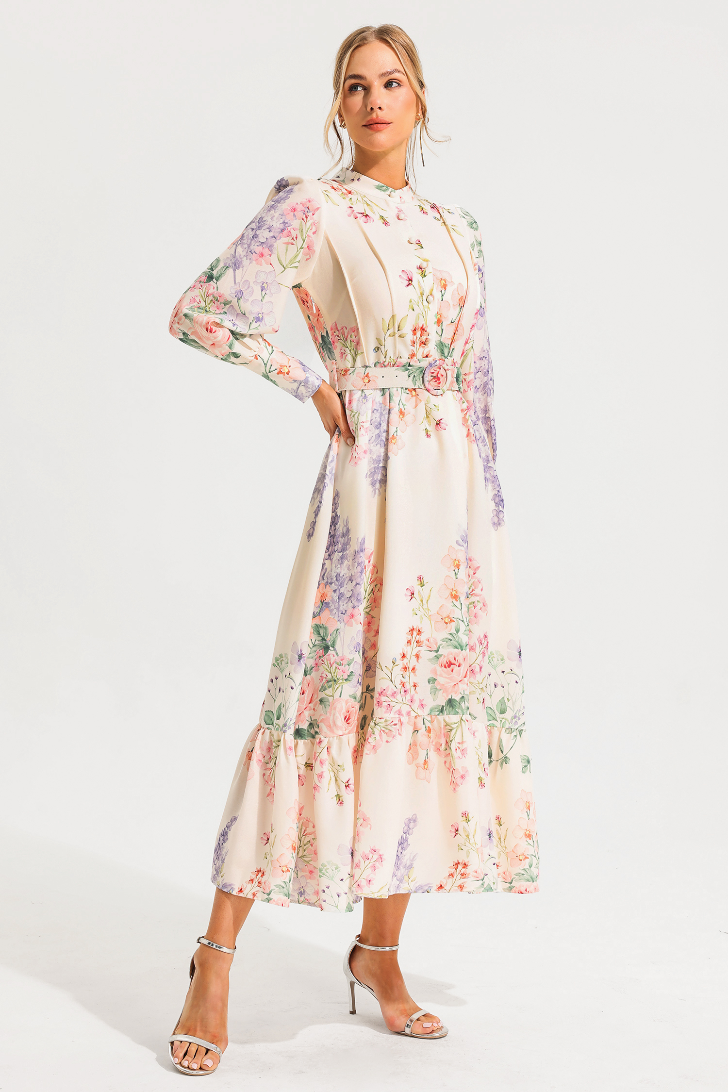 Floral Long Sleeve Maxi Dress With Belt Floral Long Sleeve Maxi Dress With Belt